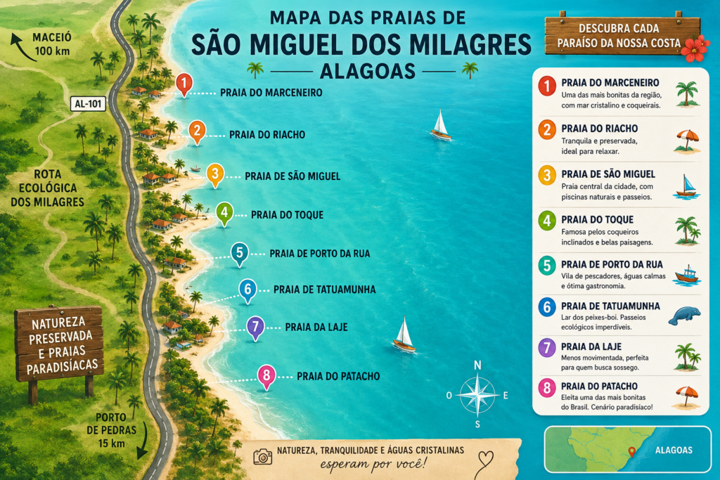 Mapa das Praias de São Miguel dos Milagres Alagoas